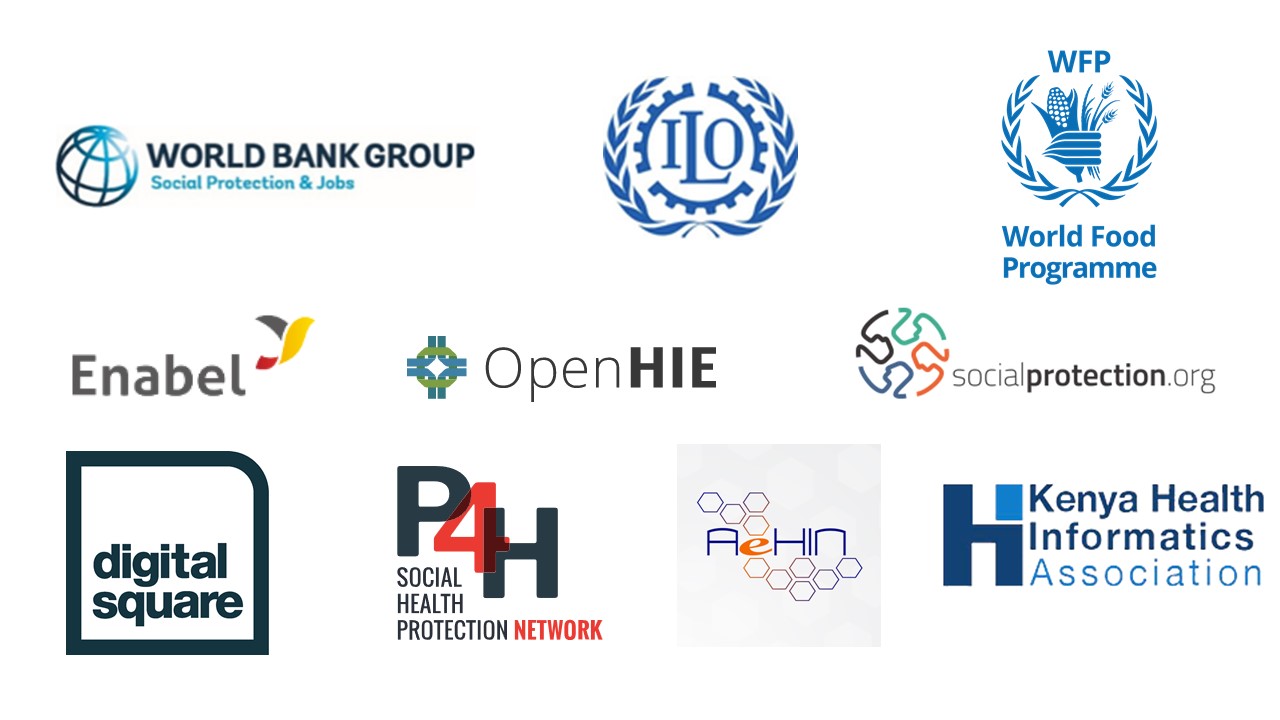 Logos of partner: Worldbank, ILO, WFP, Enable, openHIE, KeHIA, AeHIN, P4H 